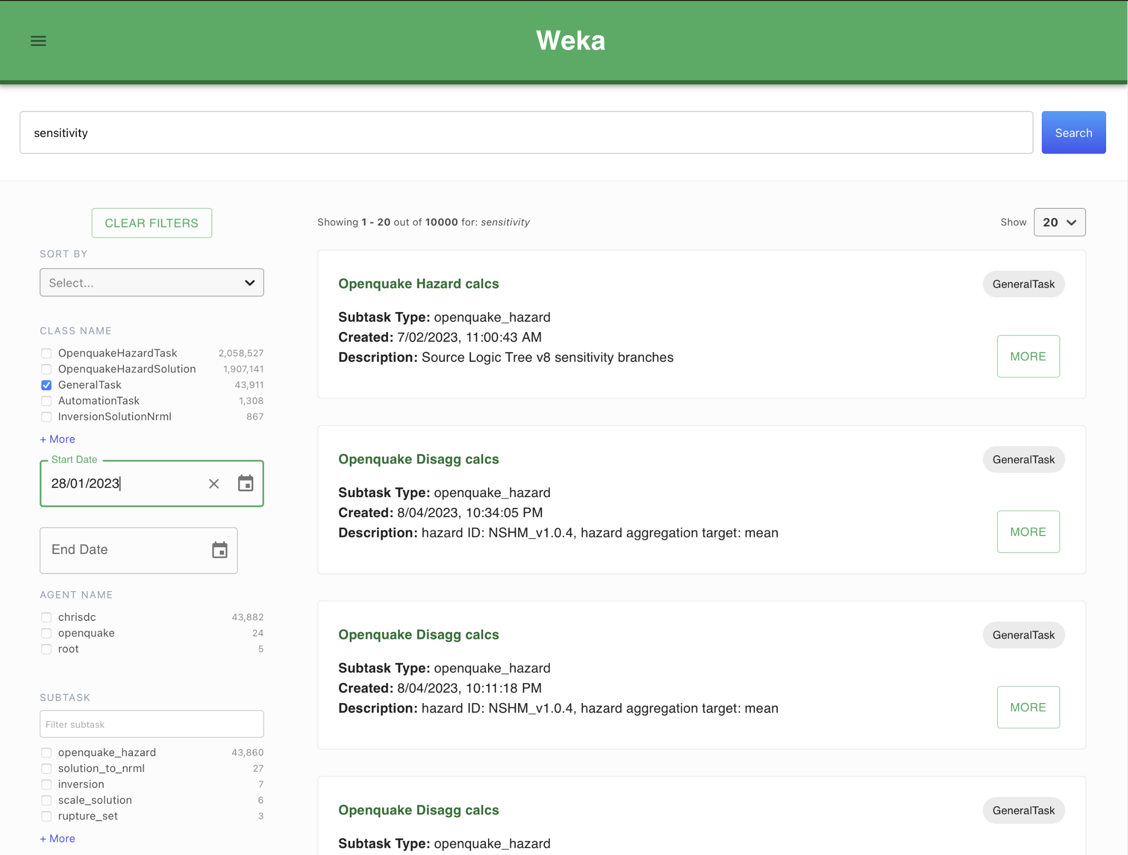 Weka search page